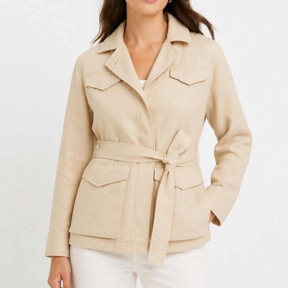 J. Crew Wrap Jacket Linen Blend Cargo Belted Utility Trench Coat Preppy Cream